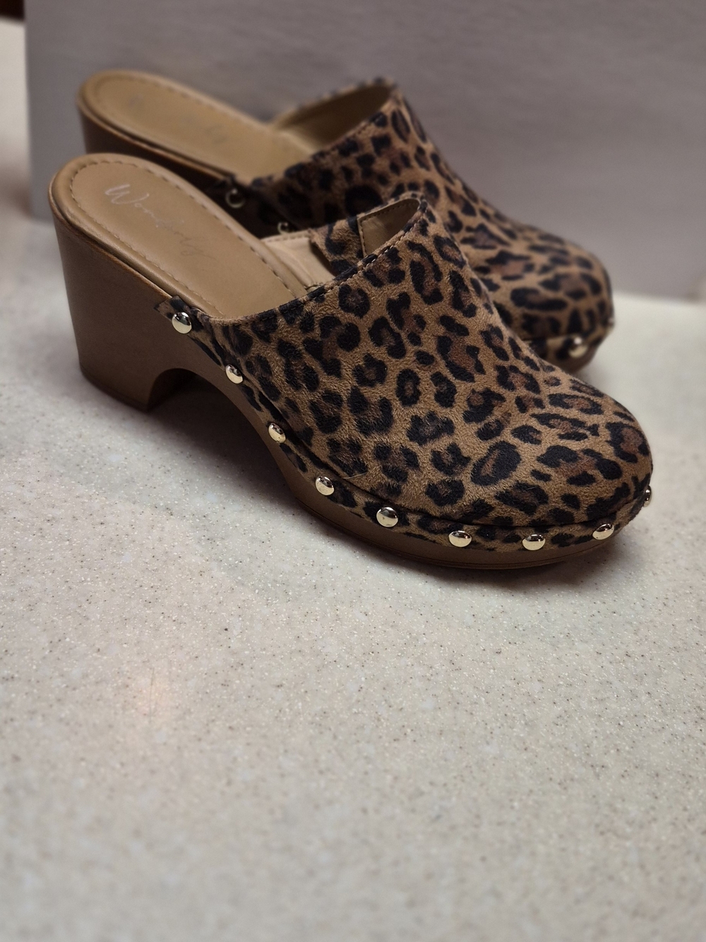 Wonderly Leopard-Print Studded Clog Mules in Tan and Black